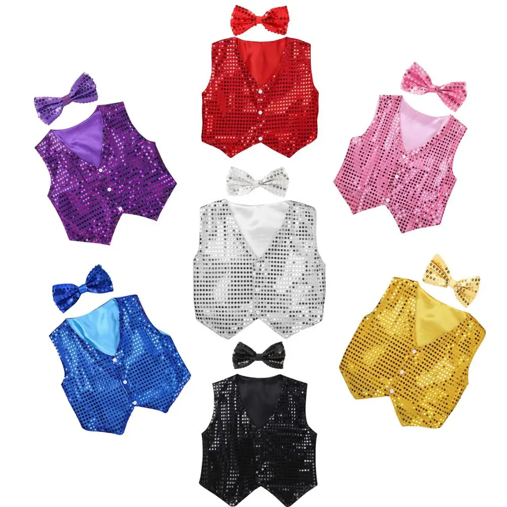 

Boys Girls Jazz Dancewear Vest Bowknot set Kids Glitter Clothes Choir Costume Childrens Hip-hop Jazz Dance Sequined Vest