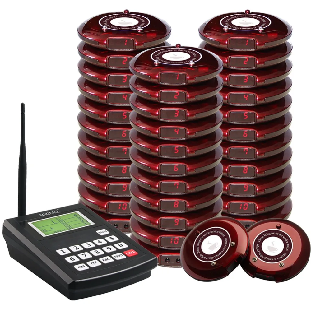 SINGCALL Coaster Paging System, Wireless Paging Queuing System Restaurant Call Pagers,1 Transmitter with 30 Coaster Pagers