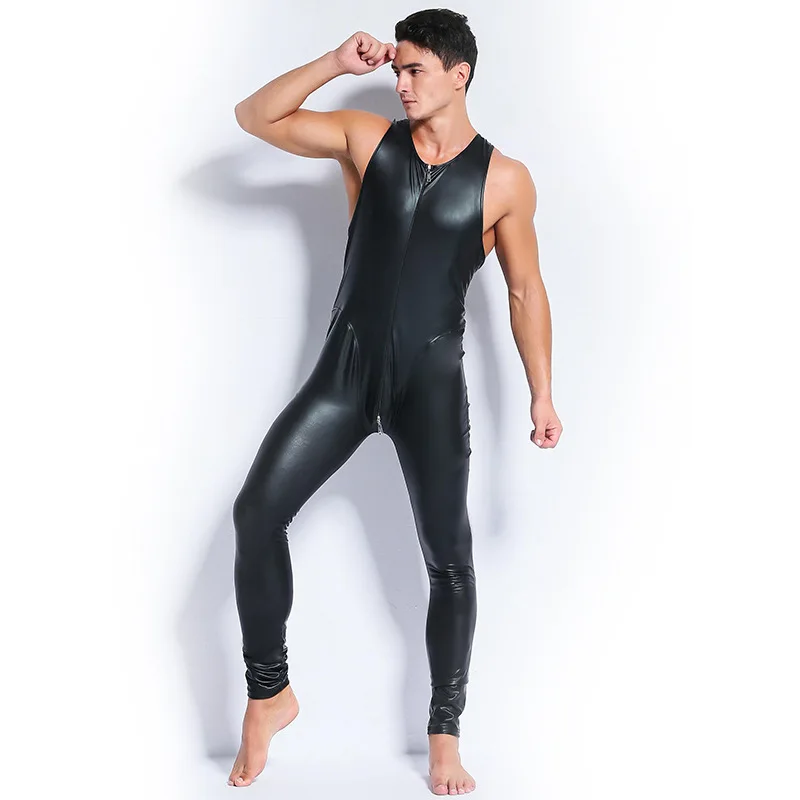 Homens sem mangas de couro catsuit bodysuit preto vermelho brilhante duas maneiras zíper erótico bodysuits zentai corpo wear uma peça macacão xxl