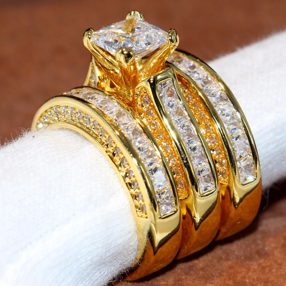 

Size 5-11 Sparkling Classic Jewelry 14KT Yellow Gold Filled Princess Cut 5A Cubic Zirconia CZ Party Women Wedding Band Ring Gift