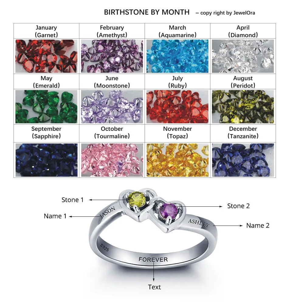 Personalized Engrave Birthstone Heart Ring 12 Colors Stone 925 Sterling Silver Classic Cubic Zirconia Ring  (JewelOra RI101958)