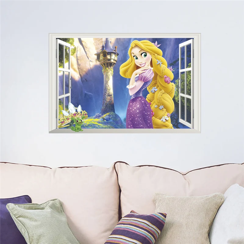 Rapunzel Princess 3d Window Wall Stickers For Home Decoration 3d Window Anime Mural Art Diy Kids Room Wall Decals