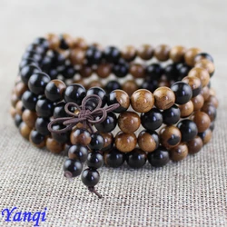 Natural ebony Tibetan Buddha Multilayer 108 Bead Black Bracelet Sandalwood Charm Bracelets Yin Yang Gossip For Men Wood Jewelry