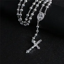 KOMi New Fashion CCB Bead Handmade Cross Pendant Long Necklace Silver Color Vintage Rosary Religion Jewelry Gift R-111