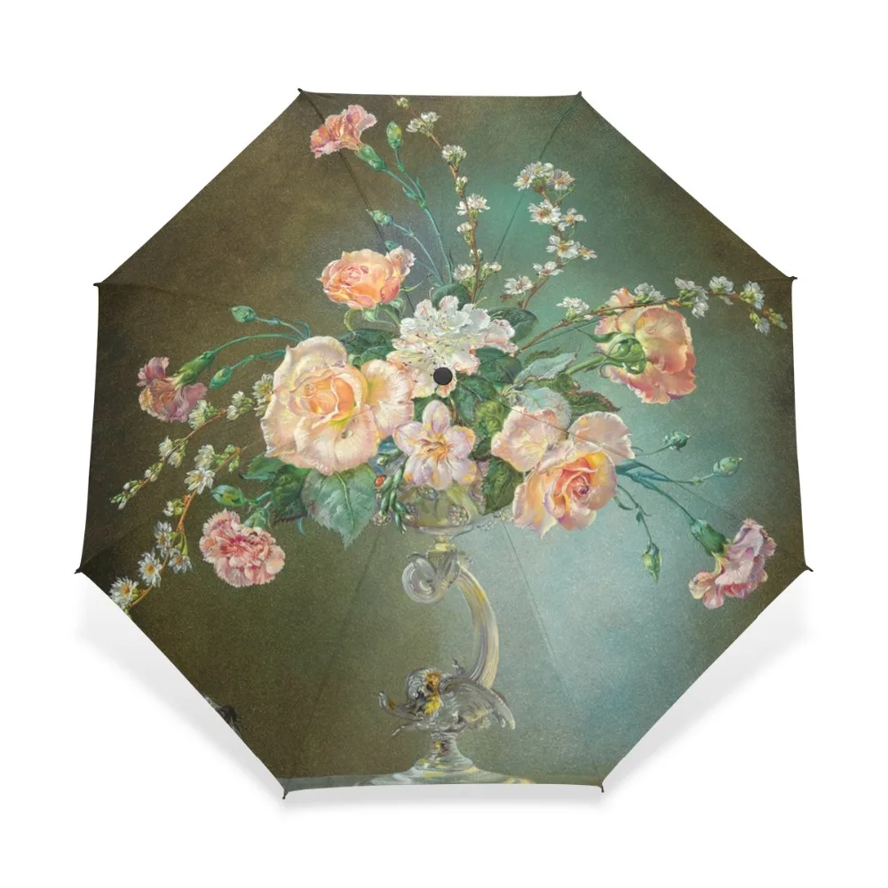 

Classical 19th Century Watercolor Painting Umbrella 3 Folding Flower Print Pattern Women Rain Umbrella Automatic For Lover Gift