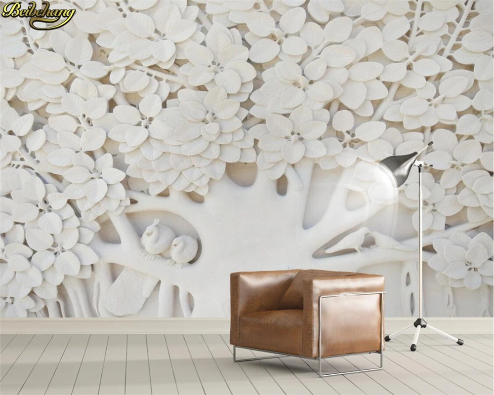 beibehang Custom photo wallpaper 3D three-dimensional Nordic relief tree leaves white background wall European papel de parede