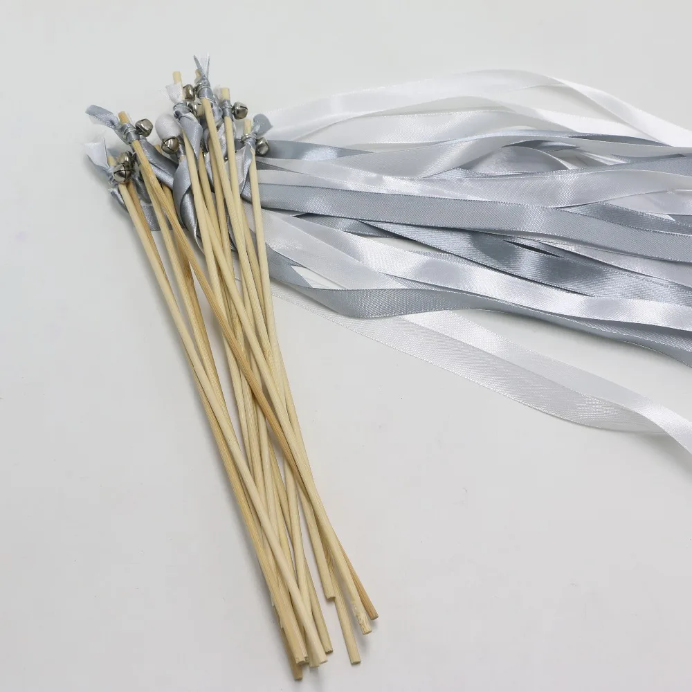 New arrival 50pcs/lot sliver and white Wedding Wands Ribbon wands fairy stick With Gold Silver Bells wands holiday supplies T397