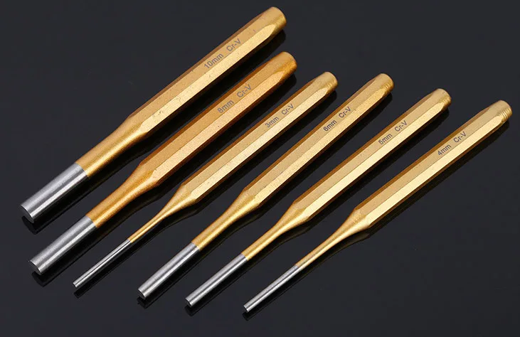 6pcs/set Cr-V Steel Forging Cylindrical punch, Punching Center Round Chisel Hand Tool Set Carving Chisel Punch Set