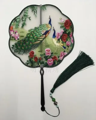 Fine traditional Craft Chinese Fan Dance Costume Decorative Mulberry Silk Fan Handmade Double Suzhou Embroidery Ebony Handle Fan