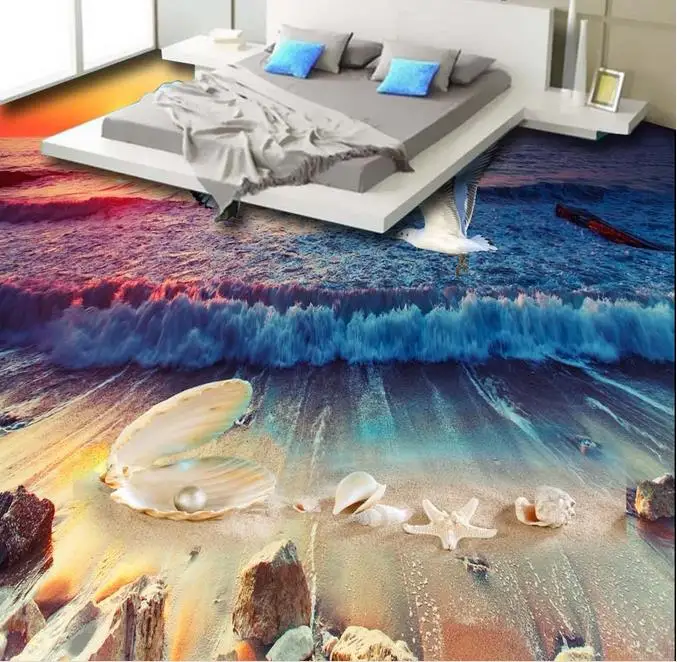 

custom 3d flooring self adhesive wallpaper Beach waves 3d wall stickers Bathroom pool Waterproof floor 2020