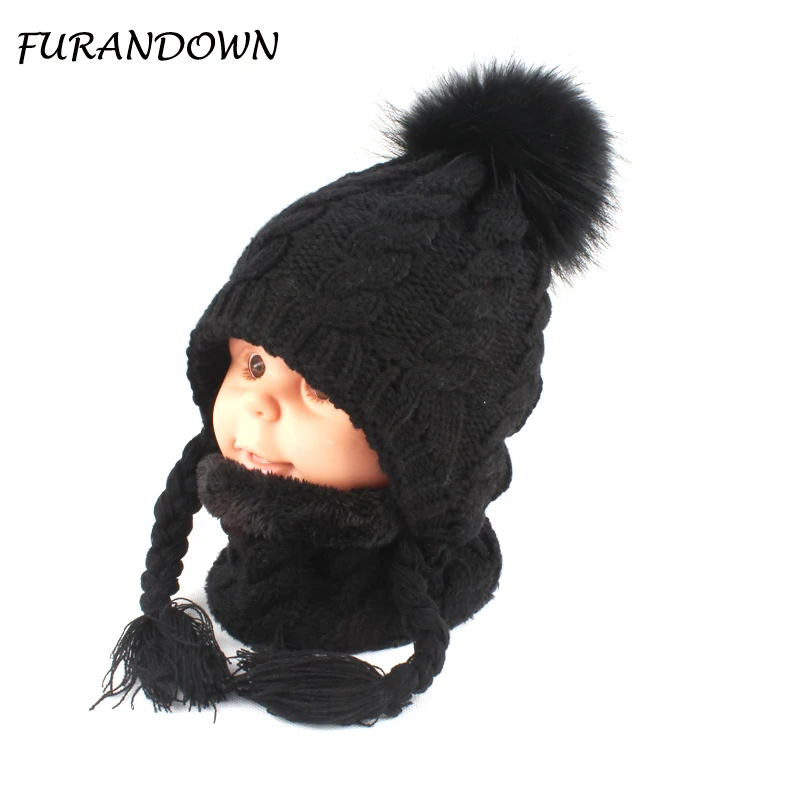 Fur Pompom Beanie Kids Baby Winter Hat Fleece Inside Ear Protection Crochet Cap Warm Knitted Hat And Scarf Set For Children