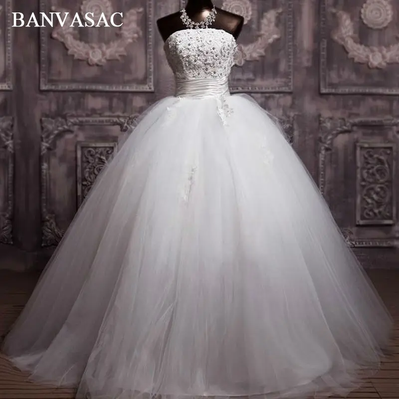 BANVASAC 2017 Neue Elegante Blumen Liebsten Brautkleider Kristalle Satin Spitze Brautballkleid