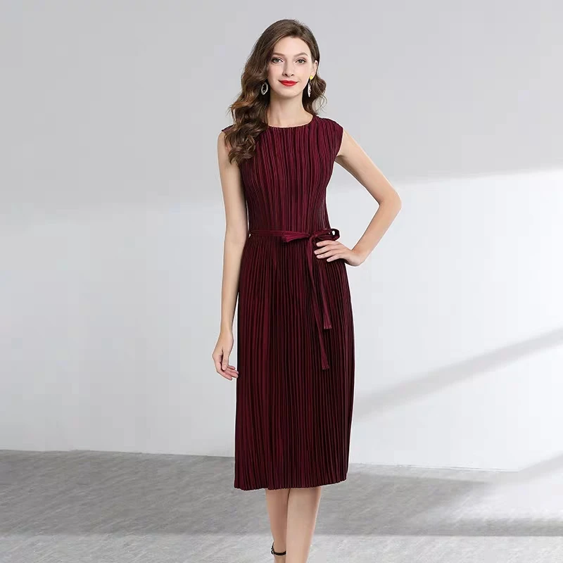 

HOT SELLING Cultivate one's morality show thin summer new fold belt split o-neck sleeveless dresses IN STOCK