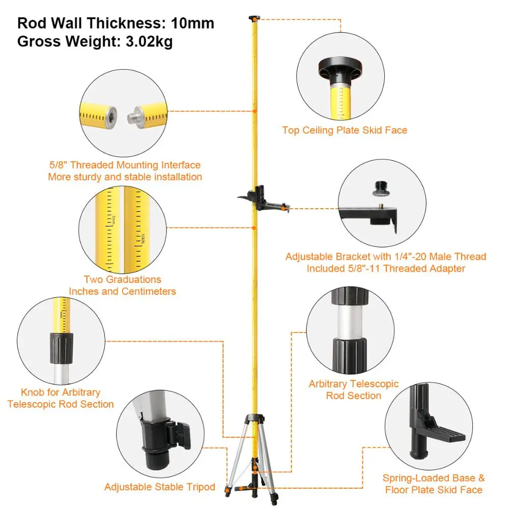 Huepar 12 Ft./3.7m Adjustable Telescoping Pole with 1/4-20 Laser Mount for Rotary and Line Lasers with Tripod 5/8 Adapter