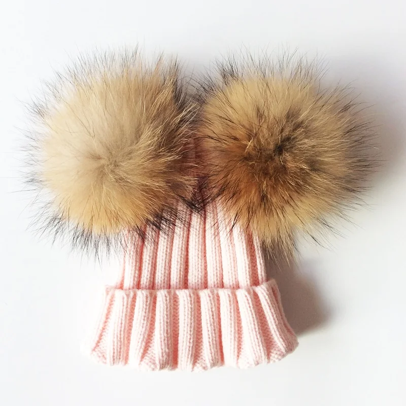 Winter Crochet Double Natural Raccoon Pompom Hat For Girls Real Fur Children Caps High Quality Fashion Kids Beanie Bonnet