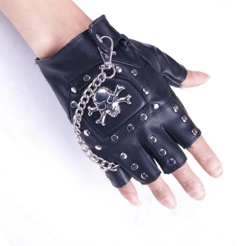 New Cool Skull Men Women Half Finger Leather Punk Gloves Unisex Semi-finger Dance Gloves Bike Fingerless Gloves S31