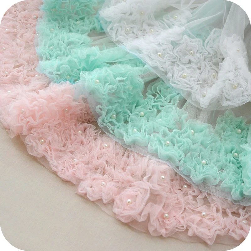 1yard/lot 65cm Wide White/pink/blue Flower Embroidered Beaded Mesh Fabric Lace Fabric Children Skirt/ Tutu Dress Accessory X407