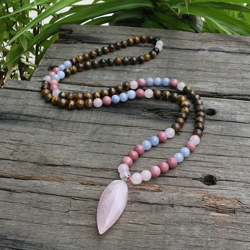 8mm Tiger\'s Eye And Rhodochrosite JaPaMala Beads Necklace, Long Nacklace, 108 Bead Mala, Mala Jewelry, Yoga Class Prayer Jewelry