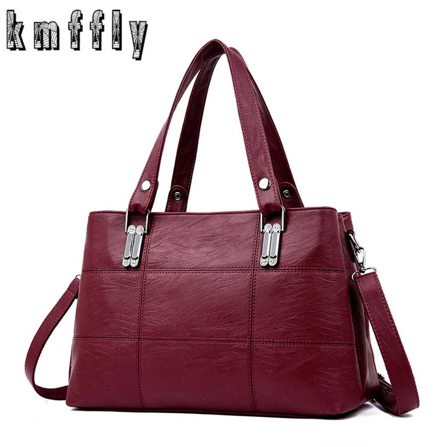 KMFFLY brand women leather handbags women\'s shoulder bags female messenger bag large capacity ladies casual tote bag black/red