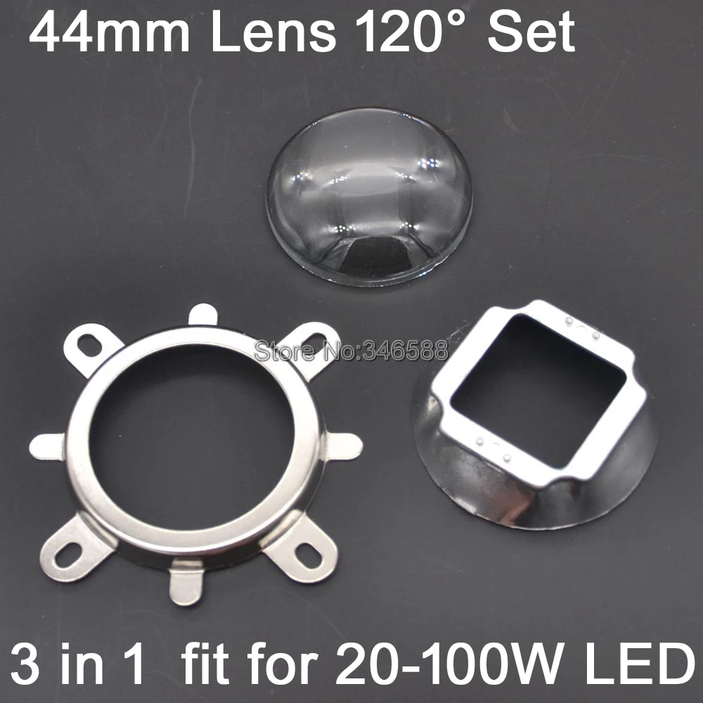 1 Set 44mm Optical Glass LED Lens 120 degree + Reflector Collimator + Fixied Bracket 3 in 1 Kit for 20W -100W High Power LEDs