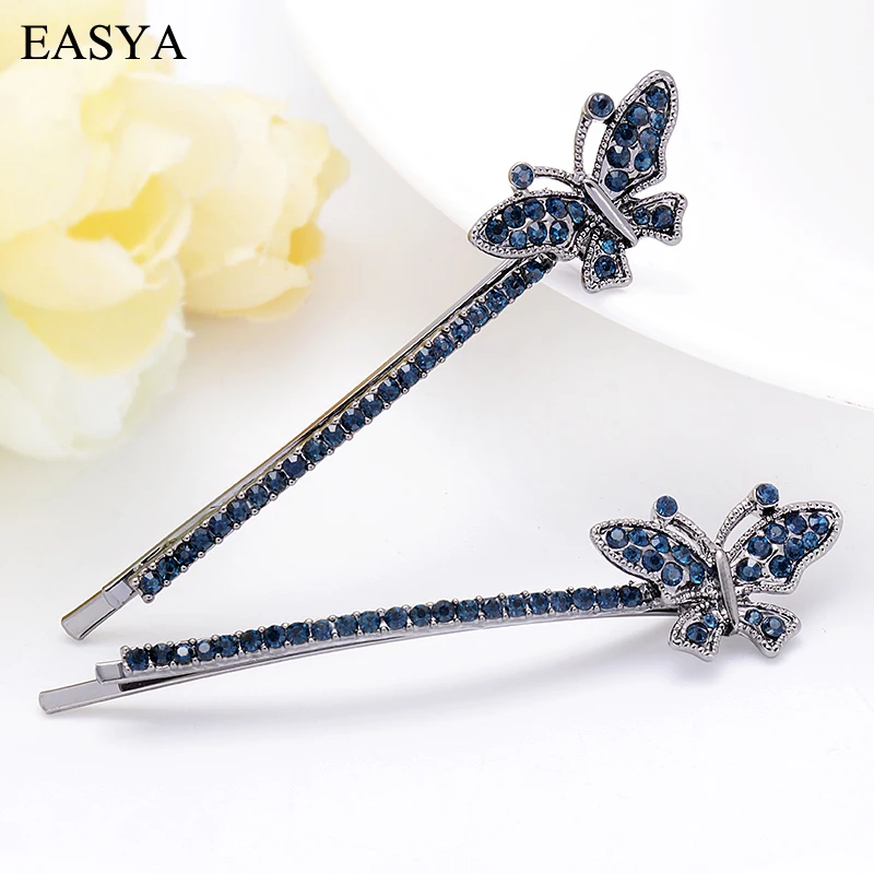 EASYA Blue Rhinestone Crystal Butterfly Cherry Flower Bowknot Hairpin Clip Fashion Metal Heart Hair Barrettes Hearwear