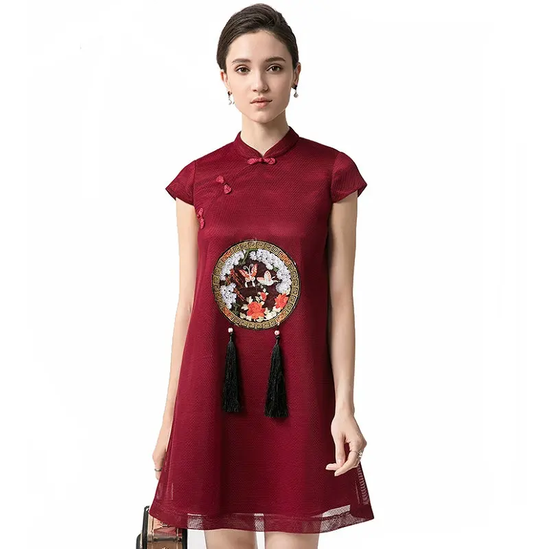 Women's loose A-Line Cheongsam 2018 New High Fashion red Rayon Cheongsam Chinese Classic Women's Qipao Elegant Mini Dress