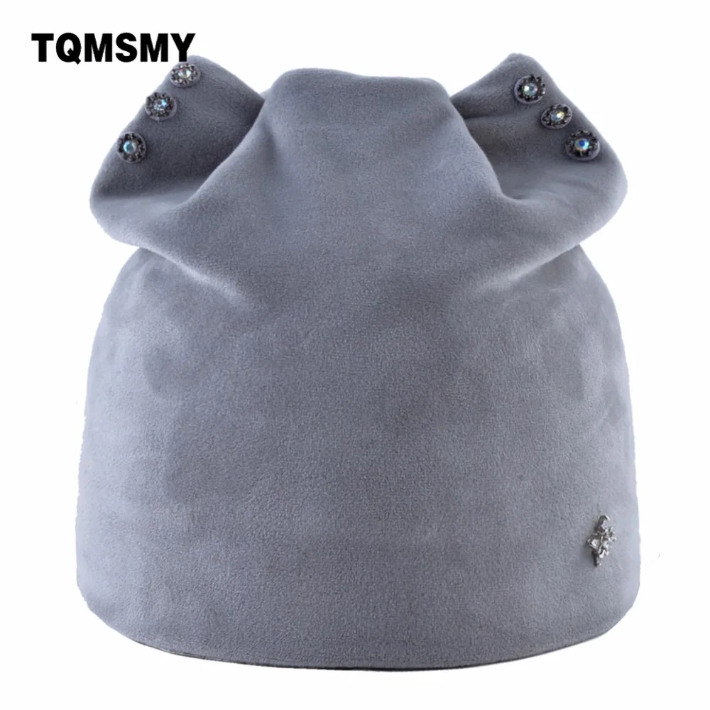 TQMSMY Winter Hats Women Cat Ear Knitted Hat Female Warm Velvet Rhinestones Beanies Hats Women Beanies Skull Cap Hats TMDH83