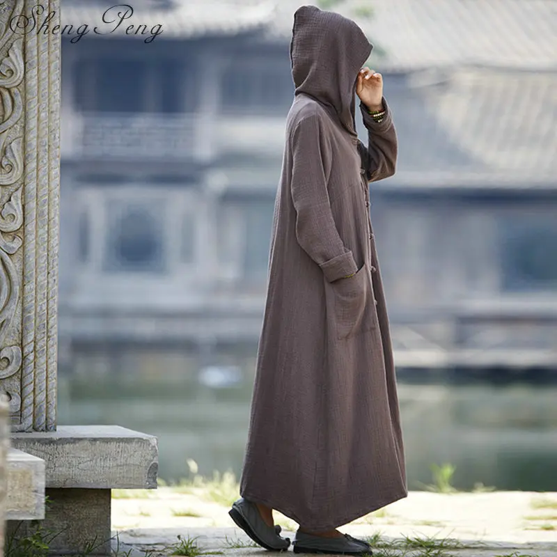 Algodão e linho Robe com capuz, Roupa Tradicional Chinesa, Meditação Costume, CC096