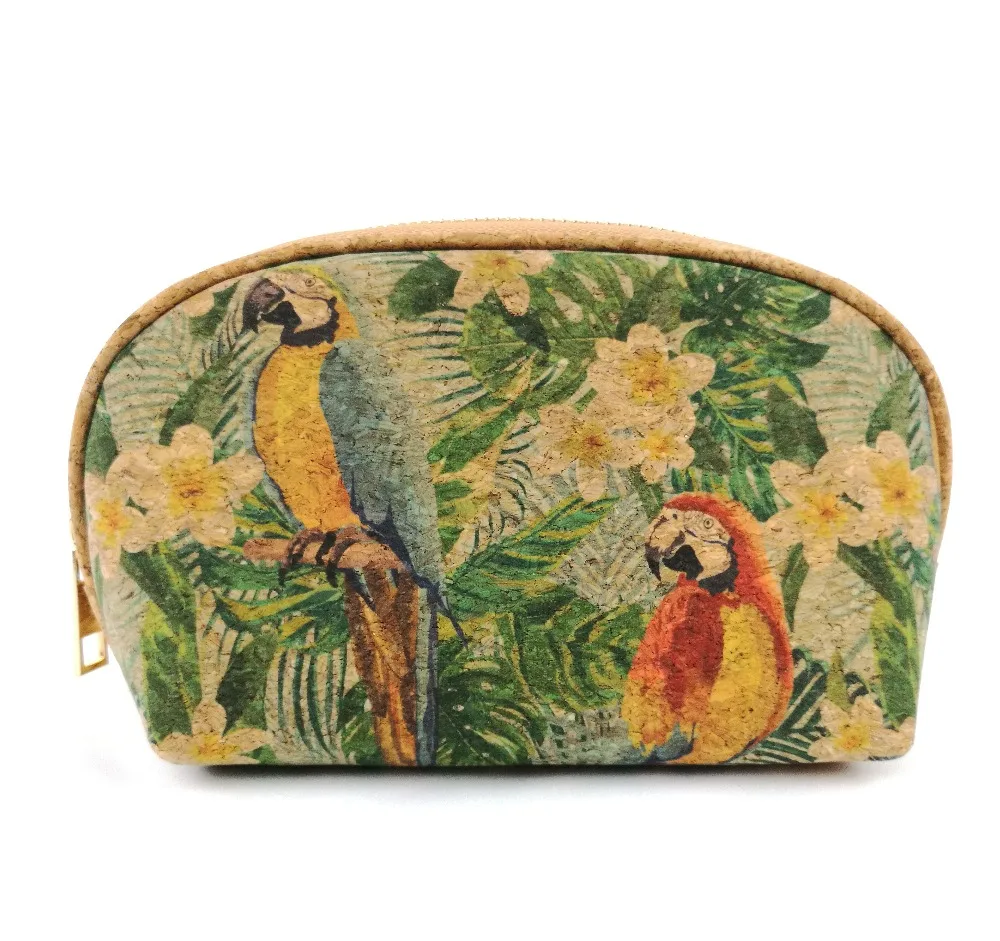 FASHION NATURAL CORK MAKE UP BAG PARROT PATTERN COSMETIC CASE VEGA WOODEN POUCH