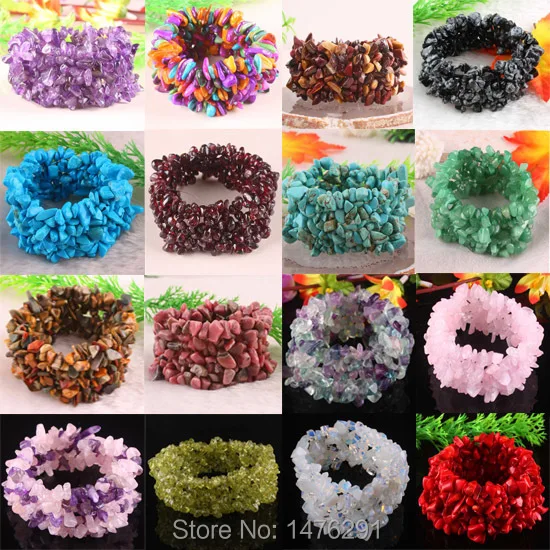 19 Kinds of Stone Green Howlite Garnet Coral Opal Amethyst Obsidian Fluorite Aventurine Chip Beads Stretch Bracelet Bangle 1PCS