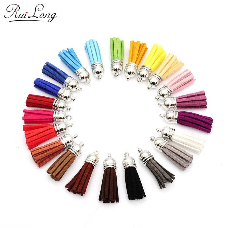 10pcs/lot 38mm Full Leather Tassels silver Caps Suede Tassel For Keychain Cellphone Straps Charms multicolor mixed