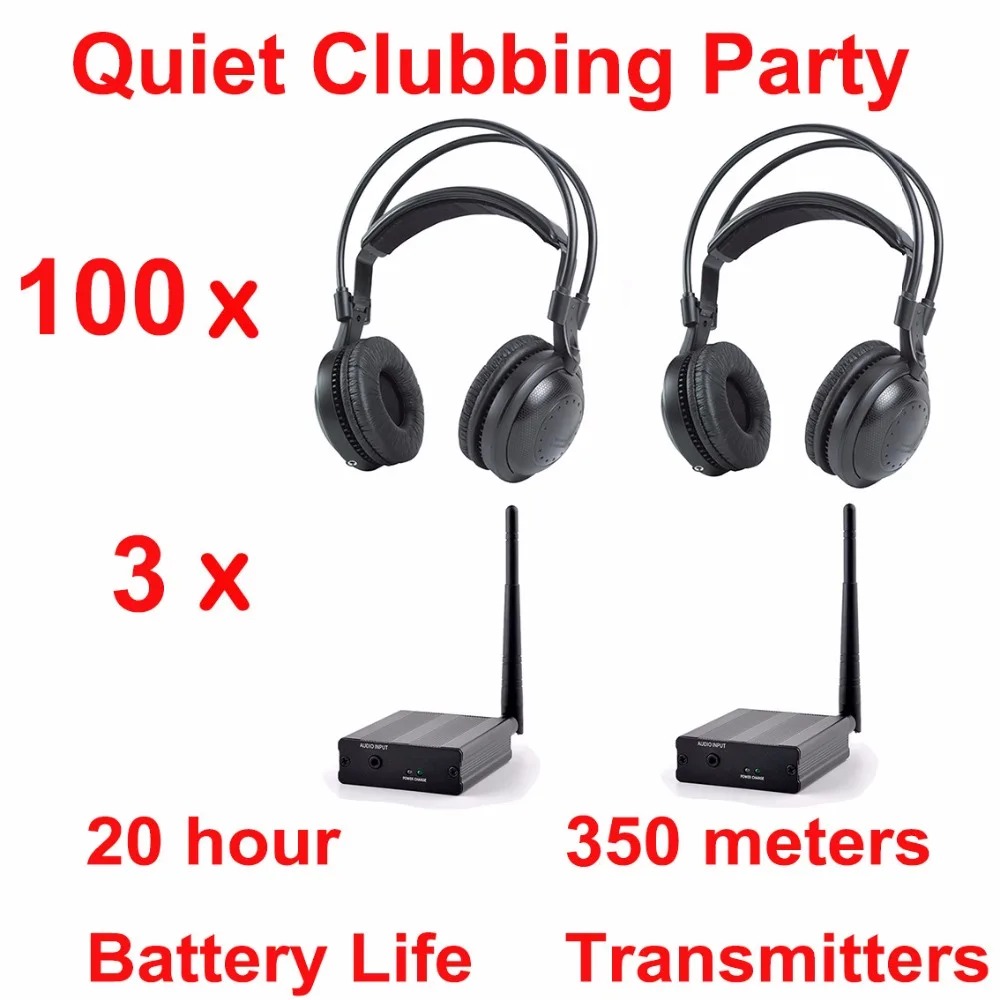 Professional Silent Disco Wireless Headphones Ultra Low Bass - Quiet Clubbing Party Bundle (100 Headphones + 500m Transmitters)