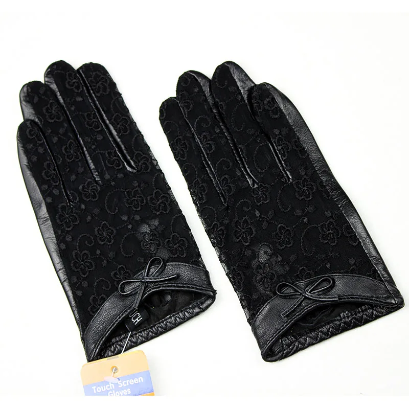 Thin Sheepskin Gloves Women\'s Leather Touch Screen Fashion Lace Unlined Short Spring and Autumn Driver\'s Gloves