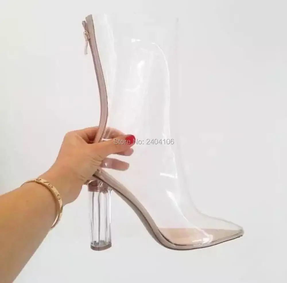 LTTL 2017 Clear PVC Transparent Pointed Toe Women Boots Perspex High Heels Thigh High Boots Celebrity Shoes