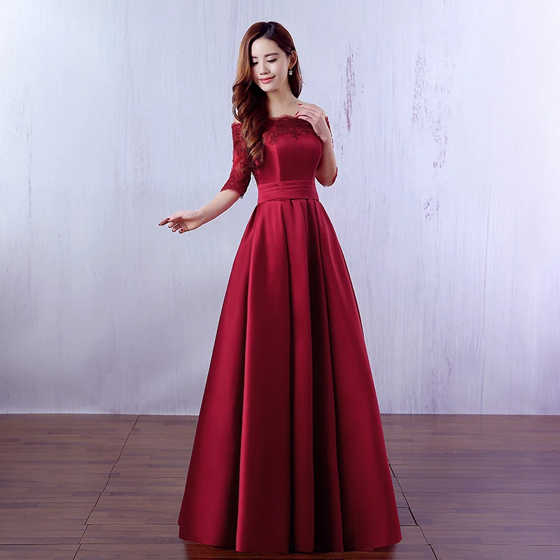 Robe De Soiree 2024 Wine Red Lace Embroidery Luxury Satin Half Sleeved Long Evening Dress Elegant Banquet Prom Dress