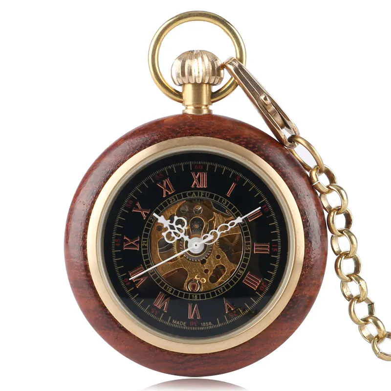 Wood Mechanical Pocket Watch Hand Winding Steampunk Luxury Carving Hollow Skeleton Fashion Pendant Necklace Relojes de bolsillo