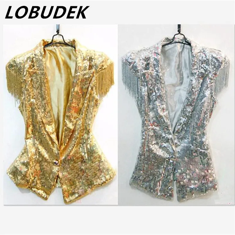 Chaleco con flecos y lentejuelas plateadas y doradas, Tops para grupos, ropa para el escenario de cantante, equipo de baile de Jazz, chalecos con