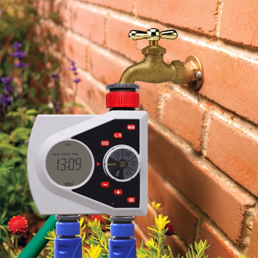 Two Outlets Garden Automatic Watering Timer Digital Electronic Solenoid Valve Sprinkler Timer Irrigation Controller System#21076
