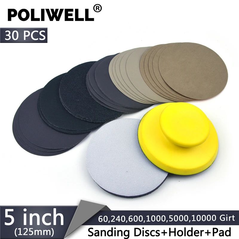 

POLIWELL 5 inch Car Light Polishing Tools 30Pcs Waterproof Sanding Discs 125 mm +1 Hand Sanding Pad+1 Soft Sponge Interface Pads