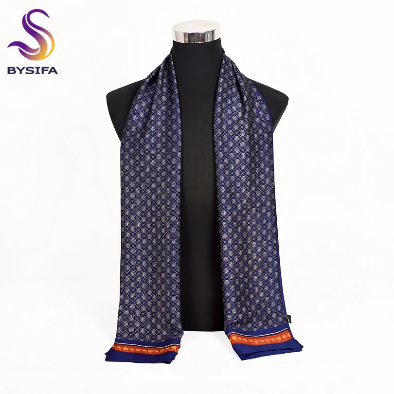 [BYSIFA] 2018 New Brand Men Scarves Autumn Winter Fashion Male Warm Navy Blue Long Silk Scarf Cravat High Quality Scarf 170*30cm