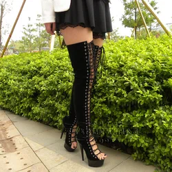 Suede 15 cm with hollow out knee-high boots before end of super thick waterproof high hate day women's Dance Shoes