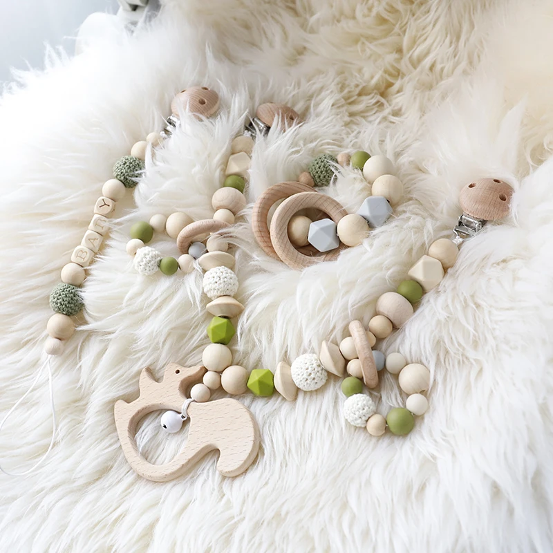 3 pz/1set accessori per passeggino doccia per neonati regalo per allattamento per sonaglio Montessori giocattoli per bambini in legno di faggio masticabili ecologici