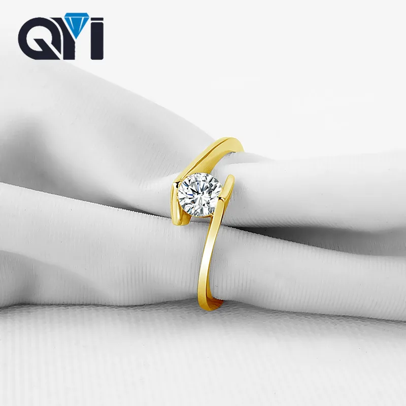 QYI Wedding Accessories Round Moissanite Diamond 14K Solid Yellow Gold Rings For Women Bridesmaid Gift Bridal Set Engagement