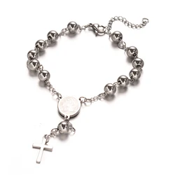 Rosary Bead Bracelets with Cross 304 Stainless Steel Bracelet for Easter Flat Round with Virgin Mary Jewelry