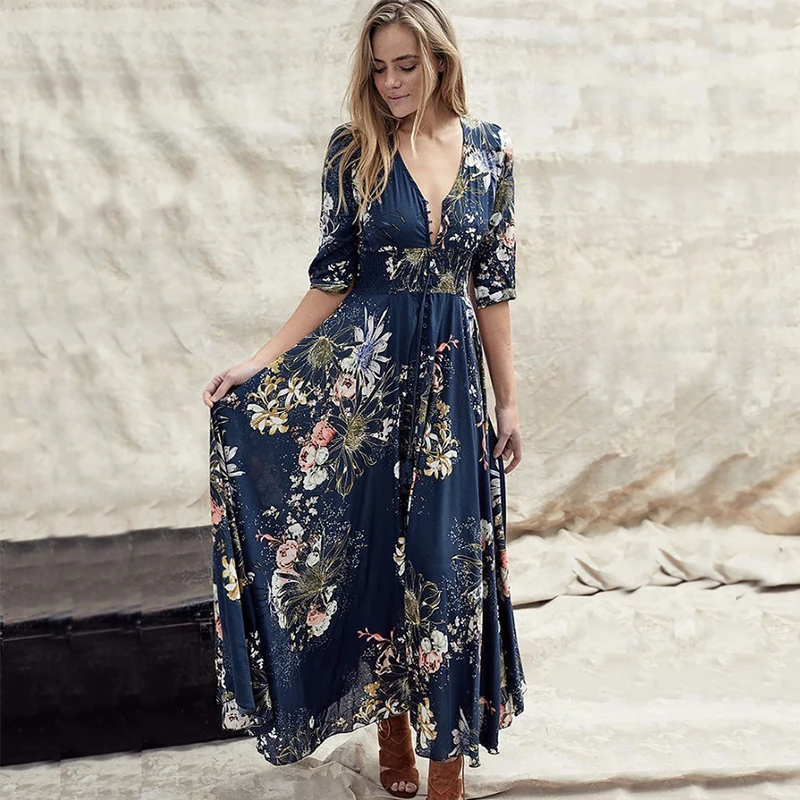 

Long Dress Women Floral Print Summer Beach Chiffon Dresses Bohemian Long Sleeve Vintage Holiday Party Dress Vestidos De Fiesta