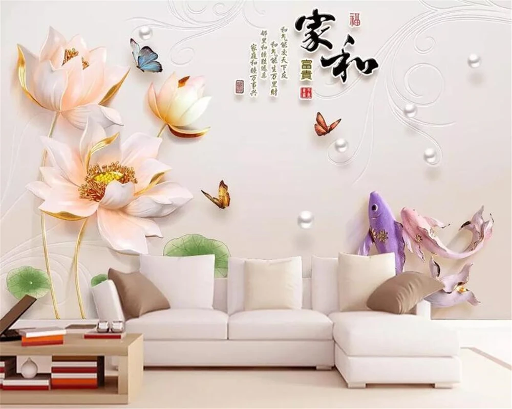 

Custom size wallpaper mural embossed lotus fish butterfly bTV background wall Photo wallpaper papel de parede 3d wallpaper
