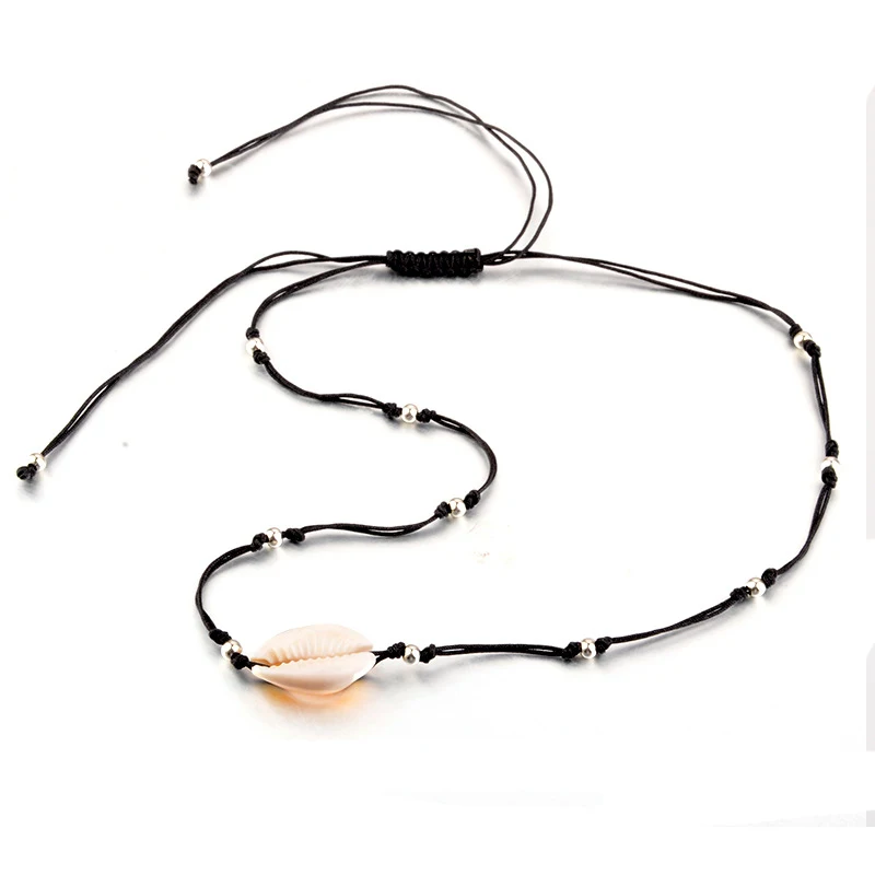 Wholesale Bohemian Women Jewelry Simple Black Rope Chain Silver Color Beads Shell Clavicle Choker Necklace Beach Accessories