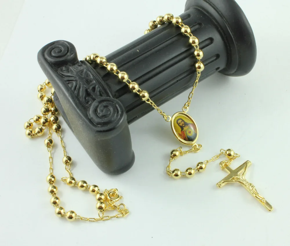 Gold Filled GF Rosary Pray Bead Jesus Cross Necklace / chain in a gift box Unconditional Lifetime Replacement Guarantee