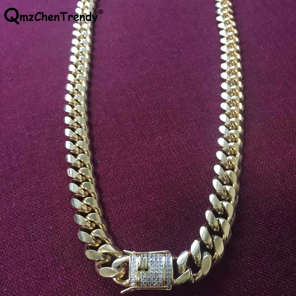 

Stainless Steel Miami Cuban Chain Necklace Bling Rhinestone Iced Out CZ Clasp Gold Silver Plated Mens Jewelry