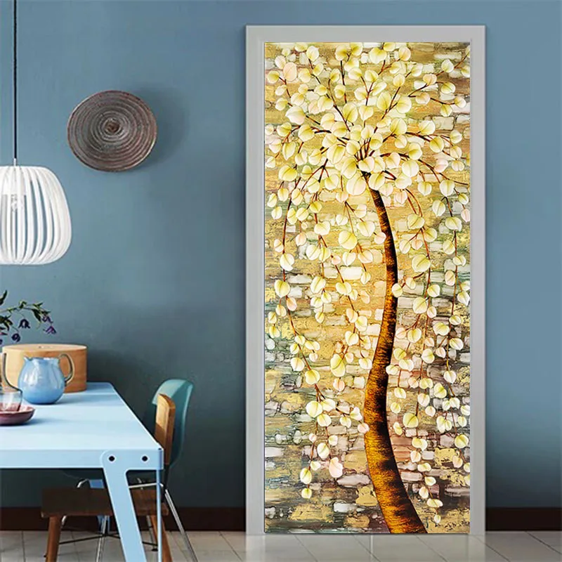 90x200cm/77x200cm Flowers Tree Door Decor Sticker eid decoration Self Adhesive Bedroom Door DIY Renovation Mural Waterproof New